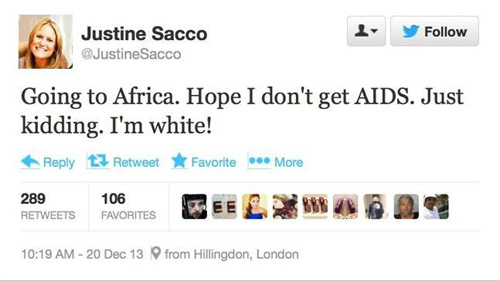 Câu nói đùa xúc phạm nặng nề đến người da màu và bệnh nhân AIDS của Justine Sacco - Ảnh chụp từ tài khoản Twitter của Justine Sacco trước khi bị xóa