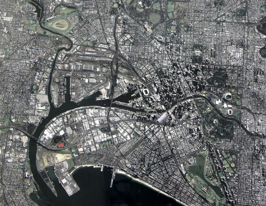  Toàn cảnh Thành phố Melbourne, Australia, do vệ tinh VNREDSat-1 chụp ngày 9/5 (chụp từ màn hình)