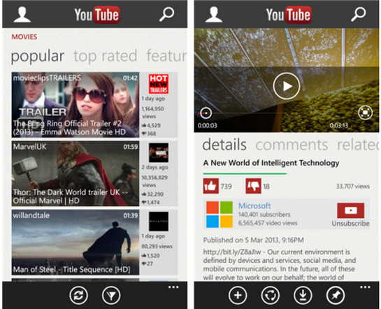 Ứng dụng YouTube do Microsoft phát triển cho nền tảng Windows Phone - Ảnh: TechHive