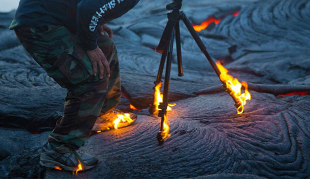 Photographer Gets So Close to Lava That His Shoes and Tripod Catch on Fire tripodflames