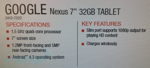 New Nexus 7 leak points to Android 4.3, dual cameras and wireless charging (update: on sale July 31st)