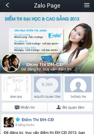 
	T&iacute;nh năng tra cứu điểm thi ĐH-CĐ miễn ph&iacute;  tr&ecirc;n Zalo