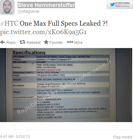 Tweet leaks the complete specs for the HTC One Max? - HTC One Max specs confirmed with new leak