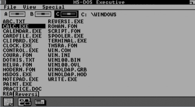 Windows 1.01, MS-DOS Executive file manager, IBM PC XT in PCjs