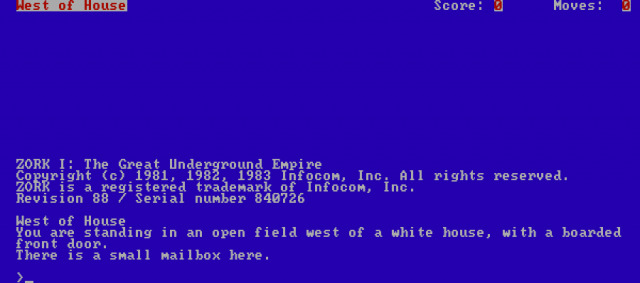 Zork 1 on an IBM PC (emulated in PCjs)