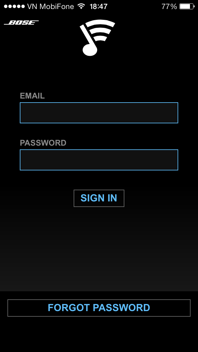 Đây là ứng dụng SoundTouch trên iPhone, bạn nhập tài khoản mà bạn mới đăng ký ở trên...