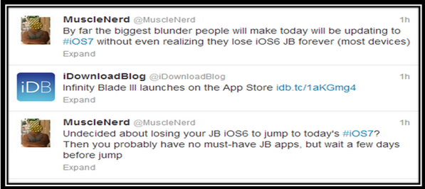 
	Chia sẻ của MuscleNerd tr&ecirc;n Twitter khuy&ecirc;n người d&ugrave;ng n&ecirc;n đợi jailbreak iOS 6.1.3/6.1.4.