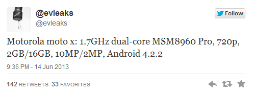 Tiết lộ cấu hình của Moto X: Chip lõi kép S4 Pro, 2 GB RAM, camera 10 “chấm”