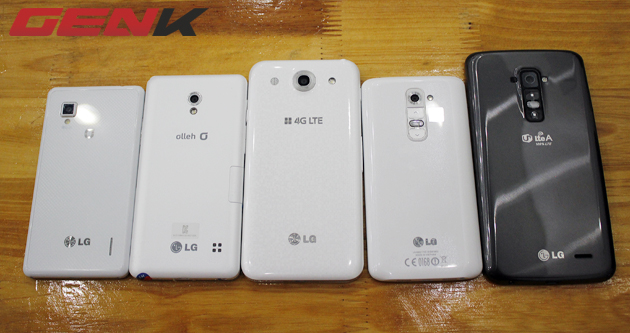  Từ trái sang: LG Optimus G, LG Optimus GK, LG Optimus G Pro, LG G2, LG Flex.