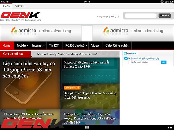 
	Giao diện duyệt web to&agrave;n m&agrave;n h&igrave;nh.