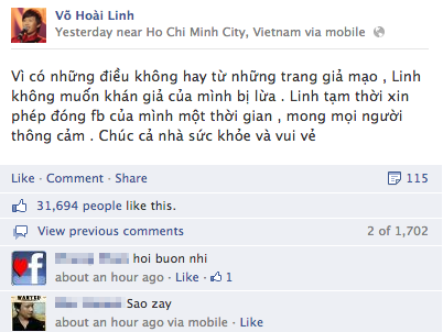 
	Danh h&agrave;i Ho&agrave;i Linh từng phải tạm đ&oacute;ng cửa facebook v&igrave; bị giả mạo.