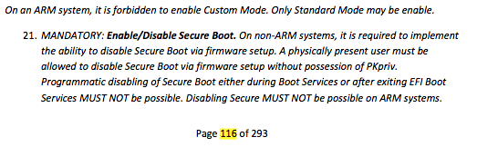 Có thể thấy Microsoft dùng từ khá mạnh để chỉ rõ rằng chỉ các thiết bị non-ARM mới được có tùy chọn disable Secure Boot