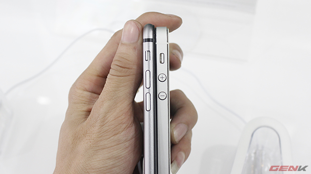 Mô hình iPhone 6 sử dụng phím điều chỉnh âm lượng kéo dài so với thiết kế tròn của iPhone 5/5s