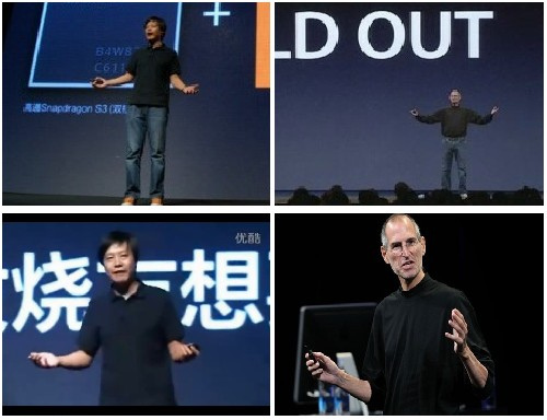 CEO Xiaomi (trái) có phong cách ăn mặc và thuyết trình khá giống Steve Jobs.