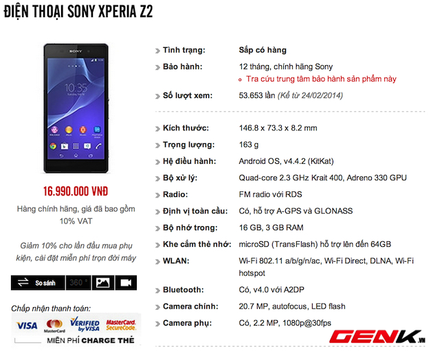 Giá bán chính hãng gần 17 triệu đồng cho Xperia Z2