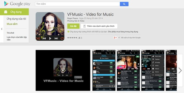 Giao diện ứng dụng VFMusic trên Google Play.