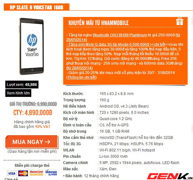 Tablet điện thoại HP Slate 6 Voice Tab giảm giá 2 triệu đồng tại Việt Nam