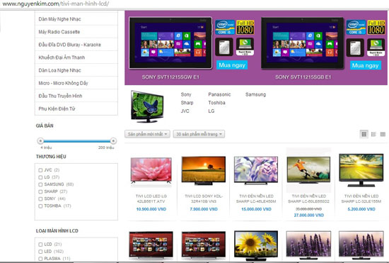 Khách hàng tìm hiểu và mua online rất khó khăn phân biệt đâu là tivi tích hợp DVB-T2 trên web site các siêu thị (ảnh chụp màn hình website siêu thị Nguyễn Kim).