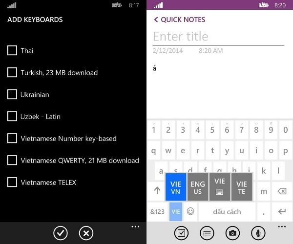 Windows Phone gõ tiếng việt