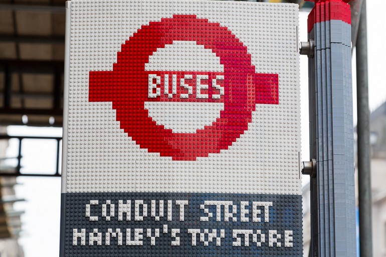 The Lego bus stop has been installed in the vicinity of Hamleys toy shop (Photo: TfL)