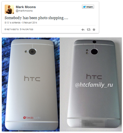 HTC Director Benelux Marc Moons tweets that the image of the M8 at right, is a fake. At left is the HTC One.