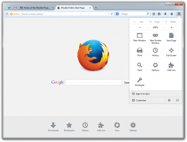 Firefox Menu on Windows en US 600x454 Firefox 29 arrives with revamped Sync tool, customization mode, and Mozillas user interface overhaul Australis