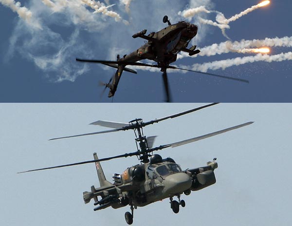 AH-64 Apache(ở trên) có thiết kế tiêu chuẩn dành cho trực thăng, trong khi Ka-50/52(ở dưới) có thiết kế rotor đồng trục.