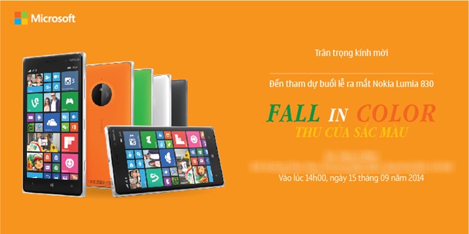 Thư mời tham dự lễ ra mắt Lumia 830 tại Việt Nam của Microsoft.