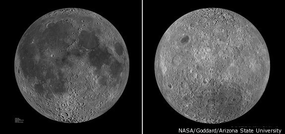 Bên trái là phía luôn hướng về Trái đất, bên phải là mặt tối của Mặt trăng.