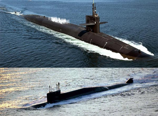 SSBN lớp Ohio(ở trên) có thiết kế mượt mà hơn so với SSBN lớp Delta-III/IV(ở dưới)