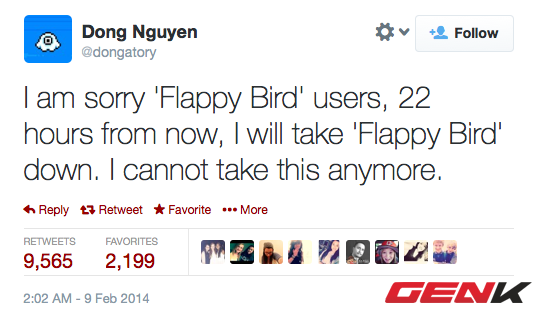 Game hot Flappy Bird sẽ bị chính cha đẻ xóa sổ vào ngày mai