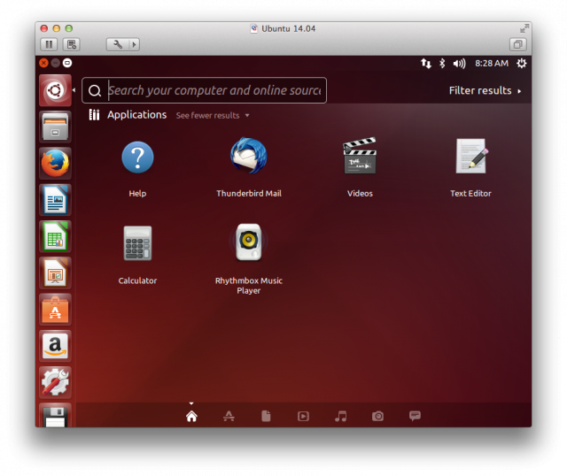 Desktop mặc định của Ubuntu 14.04 chạy trên máy ảo. 