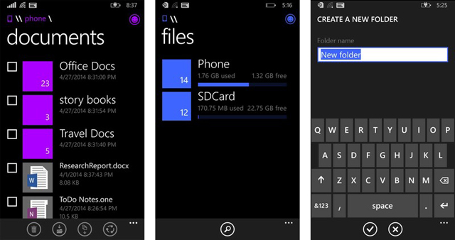 Giao diện trình quản lý file trên Windows Phone 8.1