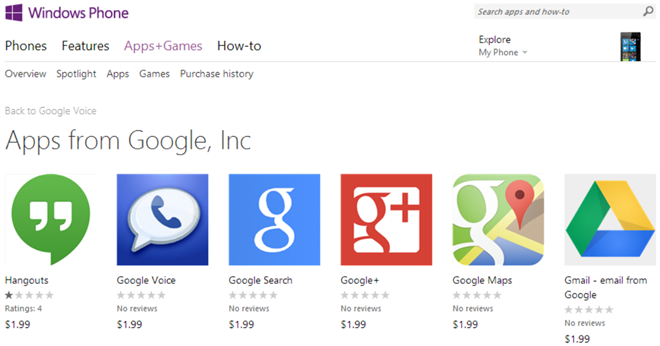 Hình ảnh gói ứng dụng giả Google trên Windows Phone Store.