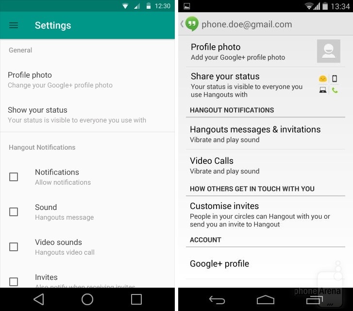 Google Hangouts, settings