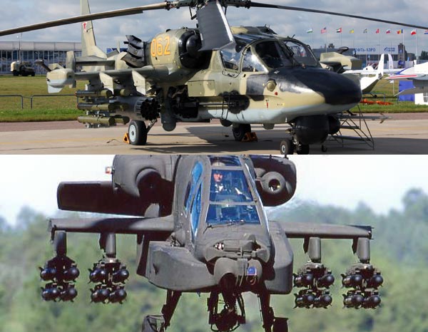 Ka-50/52(ở trên) có lợi thế hơn AH-64(ở dưới) về tải trọng vũ khí.