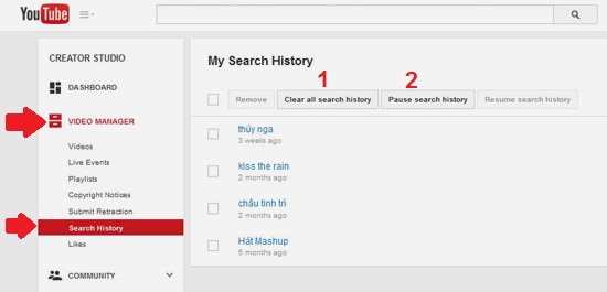 Xóa lịch sử tìm kiếm YouTube và đảm bảo riêng tư: Vào mục VIDEO MANAGER rồi vào mục con Search History. Tại đây bạn có thể bấm “Clear all search history” (số 1) để xóa toàn bộ những từ khóa mình từng tìm kiếm trên YouTube và bấm “Pause search history” (số 2) để ngừng việc cập nhật lịch sử tìm kiếm.