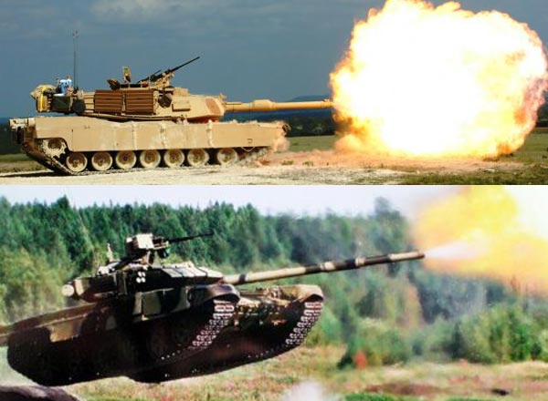 M1A2(ở trên) được trang bị loại đạn xuyên giáp lõi uranium nghèo còn T-90(ở dưới) lại có khả năng phóng tên lửa chống tăng qua nòng pháo.