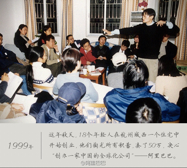 Mùa thu năm 1999, 18 thanh niên có mặt trong một căn hộ ở Tây Hàng Châu (Trung Quốc) để lên kế hoạch xây dựng doanh nghiệp. Sử dụng toàn bộ tiền tiết kiệm của họ (khoảng 500.000 Nhân dân tệ) để thành lập một công ty Trung Quốc phạm vi toàn cầu. 