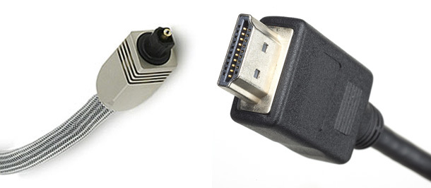 Cáp optical bên trái và HDMI bên phải