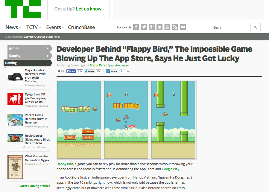 Flappy Bird trên trang tin nổi tiếng TechCrunch.