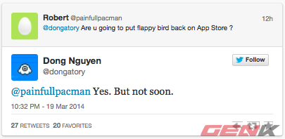 Nguyễn Hà Đông khẳng định chắc chắn Flappy Bird sẽ quay lại trên AppStore