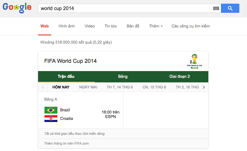 Hưỡng dẫn xem lịch thi đấu và kết quả trực tiếp World Cup trên Google