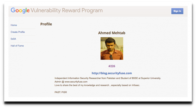  Thông tin cá nhân của Ahmed Mehtab trên Google Vulnerability Reward Program. 