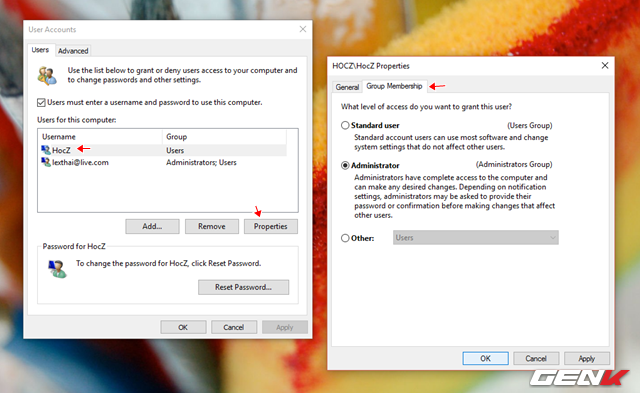  Trường hợp bạn muốn thay đổi quyền cho tài khoản mới tạo này, hãy nhấn chọn nó và nhấn vào lựa chọn “Properties”. Khi cửa sổ Properties xuất hiện, hãy chuyển qua tab “Group Membership” và đánh dấu vào nhóm quyền hạn mà bạn muốn thiết lập cho nó. 