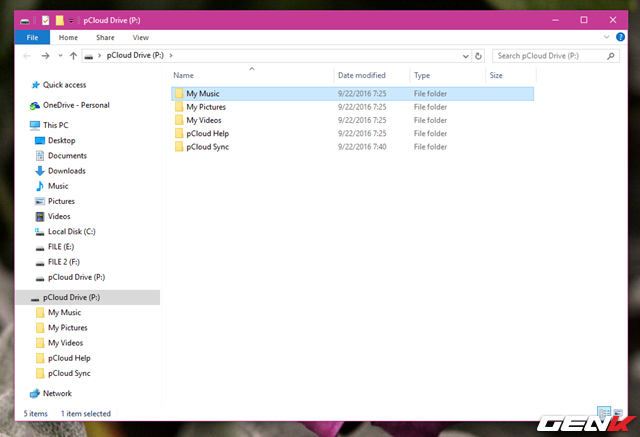  Tương tự như các ứng dụng lưu trữ và đồng bộ đám mây khác, pCloud Drive sẽ tạo ra một thư mục dạng ổ đĩa nằm trong cây thư mục của File Explorer, thêm vào đó là một số các thư mục con trong đó. 
