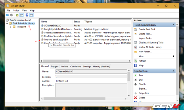  Bây giờ bạn sẽ được đưa trở về giao diện chính của Task Scheduler. Lúc này hãy nhấp vào “Task Scheduler Library”, khi đó bạn sẽ thấy tác vụ mà mình vừa khởi tạo sẽ xuất hiện trong danh sách các tác vụ mà Task Scheduler quản lí. 