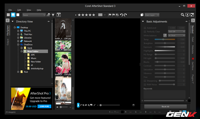  Khi bạn nhấn vào thư mục chứa hình ảnh cần biên tập trong cây thư mục, Corel AfterShot sẽ tiến hành liệt kê danh sách những hình ảnh đang chứa trong đó và hiển thị nó để bạn lựa chọn. 