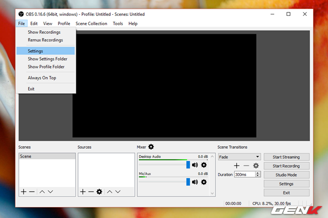 Sau khi hoàn thành việc cài đặt, bạn hãy khởi động OBS Studio và truy cập vào File > Settings.