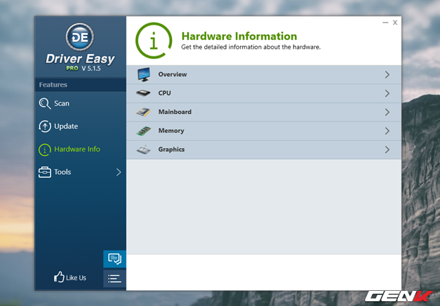  Ở tab “Hardware Info”, bạn sẽ được Driver Easy cung cấp thông tin chi tiết về các thiết bị phần cứng hiện tại của máy tính. 